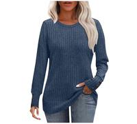 Dyhxuan Long Sleeve Women's Ribbed Knitted Jumper Plain Long Sleeve Tops Ribbed Long Shirt Elegant Crew Neck Pullover Loose Fit Long Sleeve Shirt Basic Tops for Autumn Winter, navy, XL