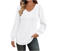 Dyhxuan Long Sleeve Women's V-Neck Long Sleeve Tops Elegant Pleated Tunic Plain Long Sleeve Shirt Fit Pullover Tops, White, S