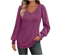 Dyhxuan Long Sleeve Women's V-Neck Long Sleeve Tops Elegant Pleated Tunic Plain Long Sleeve Shirt Fit Pullover Tops, Purple, XL