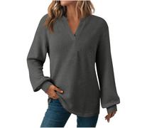 Dyhxuan Long Sleeve Women's Waffle V-Neck Tops Loose Long Sleeve Blouse Plain Long Sleeve T-Shirt Casual Pullover Tops Autumn Winter Tunic, darkgray, XL