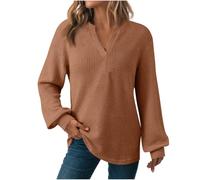 Dyhxuan Long Sleeve Women's Waffle V-Neck Tops Loose Long Sleeve Blouse Plain Long Sleeve T-Shirt Casual Pullover Tops Autumn Winter Tunic, brown, L