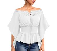 Dyhxuan Medieval Clothing Women's Off Shoulder Tops Gothic Costume Blouse Palace Style Shirt with Lacing Elegant Off Shoulder Top Festive Party Corset Blouse, White, S