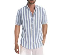 Dyhxuan Men's Casual Striped Summer Shirt Short Sleeve Lapel T-Shirt V-Neck Shirt with Buttons Regular Fit Casual Shirt Summer Shirts for Men Loose Comfortable Beach Shirt Tops