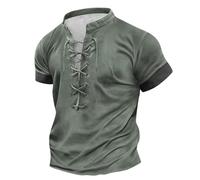 Dyhxuan Men's Medieval Vintage Tops with Lacing, Short Sleeve/Long Sleeve Shirt, V-Neck Pullover, Colour Block Patchwork Tops, Summer, Stand-Up Collar, Lace-up Shirt, Cotton, Men's Costume, 3XL, #05