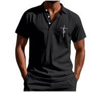 Dyhxuan Men's Plain Short Sleeve Tshrit Polo Shirt with Small Print Summer Cotton Linen Shirt Light Buttons Lapel Shirt Thin Linen Polo Shirt Regular Fit Summer Shirt Casual Breathable, black, S