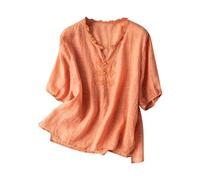 Dyhxuan Muslin Blouse Women's Vintage Embroidery Shirt V-Neck Shirt Blouse with Buttons Light Airy Linen Shirt Summer Short Sleeve T-Shirt Cotton Linen Blouse Shirt Plain Linen Blouse Women, orange,