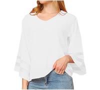 Dyhxuan Oversize Chiffon Blouse Women's 3/4 Sleeve Chiffon Blouse V-Neck Pullover Elegant Plain T-Shirt Loose Comfortable Tops Festive Party Women's Blouses Blouse Tops Tunic S-3XL, White, S