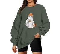 Dyhxuan Oversize Pullover Women's Halloween Costume Cute Ghost Print Tops Crew Neck Sweatshirt Without Hood Autumn Winter Long Sleeve Jumper Casual Festive Long Shirt Loose Sweatshirts, Army Green