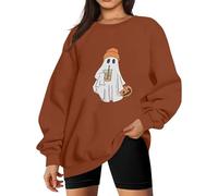 Dyhxuan Oversize Pullover Women's Halloween Costume Cute Ghost Print Tops Crew Neck Sweatshirt Without Hood Autumn Winter Long Sleeve Jumper Casual Festive Long Shirt Loose Sweatshirts, coffee, L