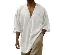 Dyhxuan Oversize T-Shirt Men's Summer Half Sleeve Tops Plain Cotton Linen Shirt V-Neck Long Shirt Casual Loose Linen Shirt Lightweight Summer Shirt Beach Holiday T-Shirt Top for Men, White, XL