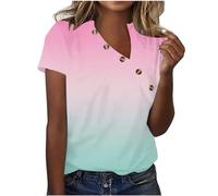 Dyhxuan Pullover Women's Diagonal Collar Blouse with Buttons Personalised Summer T-Shirt Colour Gradient Print Tops Short Sleeve Tops with V-Neck Large Sizes Shirt Summer Pullover S-5XL, Mint Green,