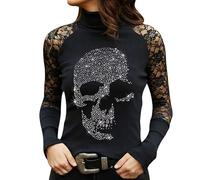 Dyhxuan Pullover Women's Gothic Skull Print Long Sleeve Shirt Pointed Tops with Hot Drilling Long Sleeve Turtleneck Blouse Slim Fit Party Tops Black Long Shirt Festive T-Shirt Halloween Costume,