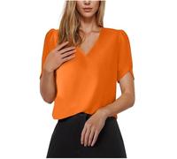 Dyhxuan Satin Tops Women's Basic Plain T-Shirt Lightweight Short Sleeve Blouse Elegant V-Neck Tops Casual Puff Sleeve T-Shirt Silky Comfortable Tee Shirt Exquisite T-Shirt Tops, orange, M