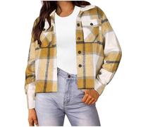 Dyhxuan Shirt Jacket Women's Checked Shirt Blouse Short Checked Shirt Jacket Button Down Long Sleeve Coat Cropped Shirt Jacket Trendy Coat with Pocket, yellow, XXL