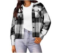 Dyhxuan Shirt Jacket Women's Checked Shirt Blouse Short Checked Shirt Jacket Button Down Long Sleeve Coat Cropped Shirt Jacket Trendy Coat with Pocket, black, S