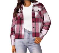 Dyhxuan Shirt Jacket Women's Checked Shirt Blouse Short Checked Shirt Jacket Button Down Long Sleeve Coat Cropped Shirt Jacket Trendy Coat with Pocket, Purple, 3XL