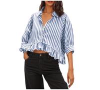 Dyhxuan Striped Blouse Women's 3/4 Sleeve Shirt with Ruffle Hem Crop Button Down Blouse Shirt Fashionable Striped Shirt Blouse Lightweight Summer Shirt Casual Turn-Down Collar Tops Three Quarter