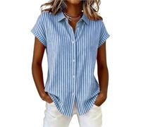 Dyhxuan Striped Blouse Women's Summer Cotton Linen Shirt Blouse Short Sleeve Linen Blouse Striped Blouse Shirt Tops Casual Business Women's Blouses, lightblue, S
