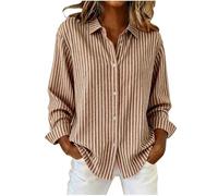 Dyhxuan Striped Shirt Women's Striped Long Sleeve Blouse Button Down Long Sleeve Shirt Casual Striped Tops Loose Fit Shirt Long Sleeve Shirt Blouse, brown, M