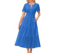 Dyhxuan Summer Dress Women's Elegant A-Line Dress Casual V-Neck Dresses with Hole Embroidery Summer Short Sleeve Maxi Dress Hollow Summer Dresses Cotton Women's Dresses Casual Dress, blue, L