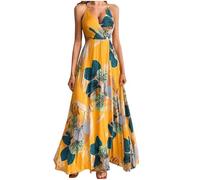 Dyhxuan Summer Dress Women's Long Beach Dress Summer Maxi Dress Deep V Neck Dress Sleeveless Flower Dress Slit Elegant Spaghetti Straps Casual Dress Strap Dress for Beach Holiday Party, yellow, L