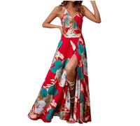 Dyhxuan Summer Dress Women's Long Beach Dress Summer Maxi Dress Deep V Neck Dress Sleeveless Flower Dress Slit Elegant Spaghetti Straps Casual Dress Strap Dress for Beach Holiday Party, red, L