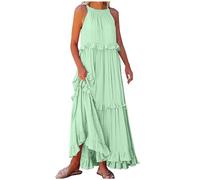 Dyhxuan Summer Dress Women's Long Elegant Halterneck Maxi Dress Sleeveless Beach Dress Big Swing Bohemian Dresses Plain Ruffle Dress A-line Dress Loose Casual Dress Beach Holiday Dress, Mint Green, S