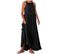Dyhxuan Summer Dress Women's Long Elegant Halterneck Maxi Dress Sleeveless Beach Dress Big Swing Bohemian Dresses Plain Ruffle Dress A-line Dress Loose Casual Dress Beach Holiday Dress, black, S