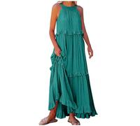 Dyhxuan Summer Dress Women's Long Elegant Halterneck Maxi Dress Sleeveless Beach Dress Big Swing Bohemian Dresses Plain Ruffle Dress A-line Dress Loose Casual Dress Beach Holiday Dress, Green, M