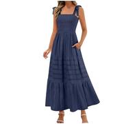 Dyhxuan Summer Dress Women's Smocked Corset Dress Wide Shoulder Straps Summer Midi Dress Plain A Line Casual Dresses with Pocket Stretch Summer Dresses Light and Airy Beach Dress Women's Dress, navy