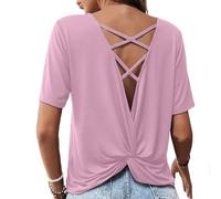 Dyhxuan T Shirt Women's Backless Summer Tops Casual Short Sleeve T-Shirt Lightweight Pullover Tops Loose Backless Tee Shirts, pink, XXL