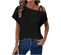 Dyhxuan T Shirt Women's Waffle Knitted Summer T-Shirt One Shoulder Short Sleeve Tops with Shoulder Straps Oversize Shoulderless Blouse Elegant Summer Shirt Casual Blouse Shirt Long Shirt, black, S