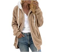 Dyhxuan Teddy Jacket Women's Autumn Winter Fleece Jacket Plain Plush Jacket with Hood Zip Teddy Fleece Jacket Soft Winter Jacket Lightweight Transition Jacket Loose Hooded Jacket, khaki, XXL