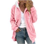 Dyhxuan Teddy Jacket Women's Autumn Winter Fleece Jacket Plain Plush Jacket with Hood Zip Teddy Fleece Jacket Soft Winter Jacket Lightweight Transition Jacket Loose Hooded Jacket, pink, S