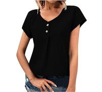 Dyhxuan Tops Women's Elegant Button Down Blouse Ribbed Plain T-Shirt Short Sleeve V-Neck Tunic Summer Tops Large Sizes T-Shirt Tops Teenager Girls Blouses Summer Blouse S-2XL, black, M