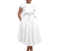 Dyhxuan Two-Piece Set Women's Dresses Short Sleeve T-Shirt + Elegant Eain-Coloured Summer Skirt High Low Hem Midi Skirt A-line Dress Skirt with Laces Zip Back Party Dress Skater Skirt with Pocket
