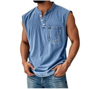 Dyhxuan Vintage Tank Top Men's Summer Sleeveless Henley Shirt with Pocket Stand-Up Collar Casual Shirt with Button Placket Retro Plain Casual Shirt Streetwear Lightweight Summer Top Men Casual Tank