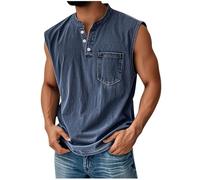 Dyhxuan Vintage Tank Top Men's Summer Sleeveless Henley Shirt with Pocket Stand-Up Collar Casual Shirt with Button Placket Retro Plain Casual Shirt Streetwear Lightweight Summer Top Men Casual Tank