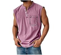 Dyhxuan Vintage Tank Top Men's Summer Sleeveless Henley Shirt with Pocket Stand-Up Collar Casual Shirt with Button Placket Retro Plain Casual Shirt Streetwear Lightweight Summer Top Men Casual Tank