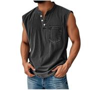 Dyhxuan Vintage Tank Top Men's Summer Sleeveless Henley Shirt with Pocket Stand-Up Collar Casual Shirt with Button Placket Retro Plain Casual Shirt Streetwear Lightweight Summer Top Men Casual Tank