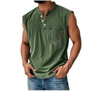 Dyhxuan Vintage Tank Top Men's Summer Sleeveless Henley Shirt with Pocket Stand-Up Collar Casual Shirt with Button Placket Retro Plain Casual Shirt Streetwear Lightweight Summer Top Men Casual Tank
