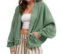 Dyhxuan Women's Bomber Jacket Casual Sweat Jacket Plain Zip Pilot Jacket Short College Jacket Girls Transition Jacket Trendy Aviator Jacket Autumn Jacket, Green, L
