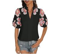 Dyhxuan Women's Elegant Floral Print Summer Blouse V-Neck Short Sleeve Tops Fashionable Stand-Up Collar T-Shirt Puff Sleeves Tunic Lightweight Summer Blouse Casual Blouse Shirt Top Trendy Women's