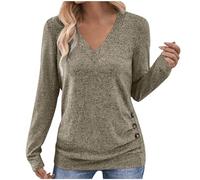 Dyhxuan Women's Long Sleeve Elegant V-Neck Blouse Basic Long Sleeve Shirt Plain Pullover Tops Regular Fit Tunic Casual Long Sleeve Tops with Decorative Buttons Autumn Winter Women Blouse, khaki, S