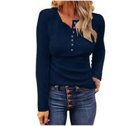 Dyhxuan Women's Long-Sleeved Shirt with Button Placket, Waffle Long Sleeve Shirt, Slim Fit, Crew Neck Tops, Basic Pullover, Plain Long, navy, XL
