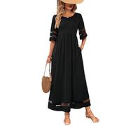 Dyhxuan Women's Mesh Patchwork Casual Dress 3/4 Sleeve Round Neck Maxi Dress Elegant Summer Dress Plain Beach Dress with Pocket