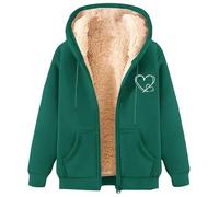 Dyhxuan Women's Sweat Jacket with Hood Zip Hoodie Fleece Lined Winter Jacket Long Sleeve Winter Jacket Warm Fleece Jacket Casual Hooded Jacket with Heart Pattern Plush Thick Hoodie, Army Green, XL