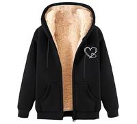 Dyhxuan Women's Sweat Jacket with Hood Zip Hoodie Fleece Lined Winter Jacket Long Sleeve Winter Jacket Warm Fleece Jacket Casual Hooded Jacket with Heart Pattern Plush Thick Hoodie, black, M