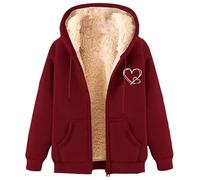 Dyhxuan Women's Sweat Jacket with Hood Zip Hoodie Fleece Lined Winter Jacket Long Sleeve Winter Jacket Warm Fleece Jacket Casual Hooded Jacket with Heart Pattern Plush Thick Hoodie, Wine Red, XXL