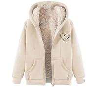 Dyhxuan Women's Sweat Jacket with Hood Zip Hoodie Fleece Lined Winter Jacket Long Sleeve Winter Jacket Warm Fleece Jacket Casual Hooded Jacket with Heart Pattern Plush Thick Hoodie, beige, XL